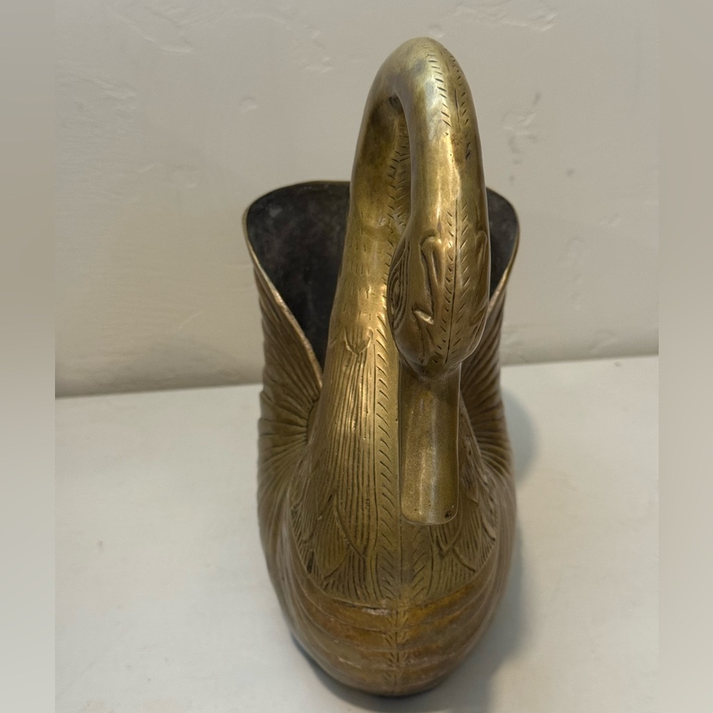 Vintage Solid Brass 10 inch Swan Showpiece Planter natural patina - Picture 4 of 12